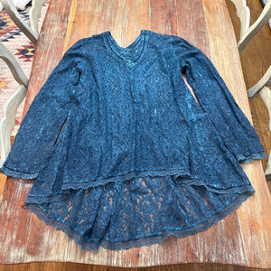 Kyla Seo Teal Floral Lace High-Low Long Sleeve Tunic Top XL Boho Festival Sheer